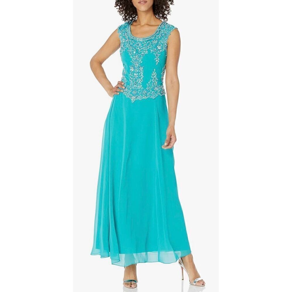 J Kara Women's Cap Sleeve Long Beaded Dress